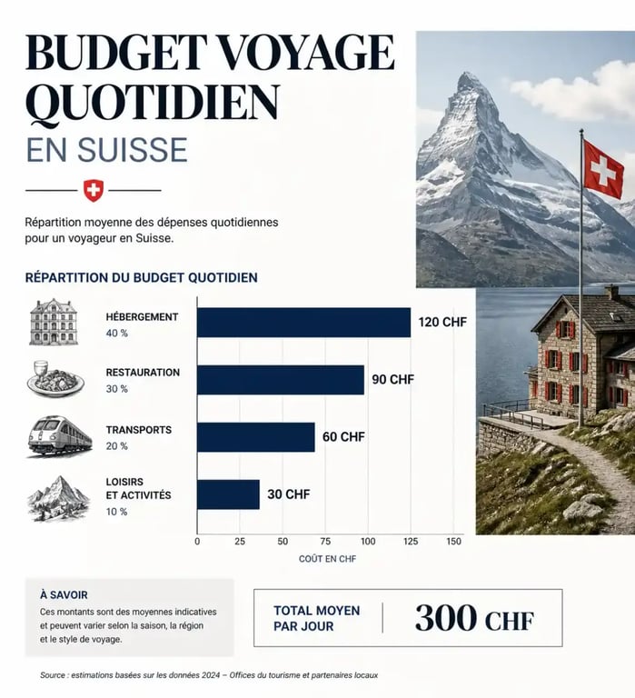 Infographie du budget voyage en Suisse par poste de dépense