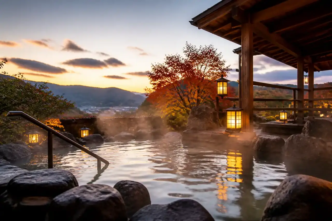 Bain thermal traditionnel japonais entouré de vapeur, ambiance zen