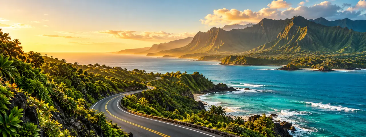 Road trip hawai sur une route côtière entre océan Pacifique et paysages volcaniques