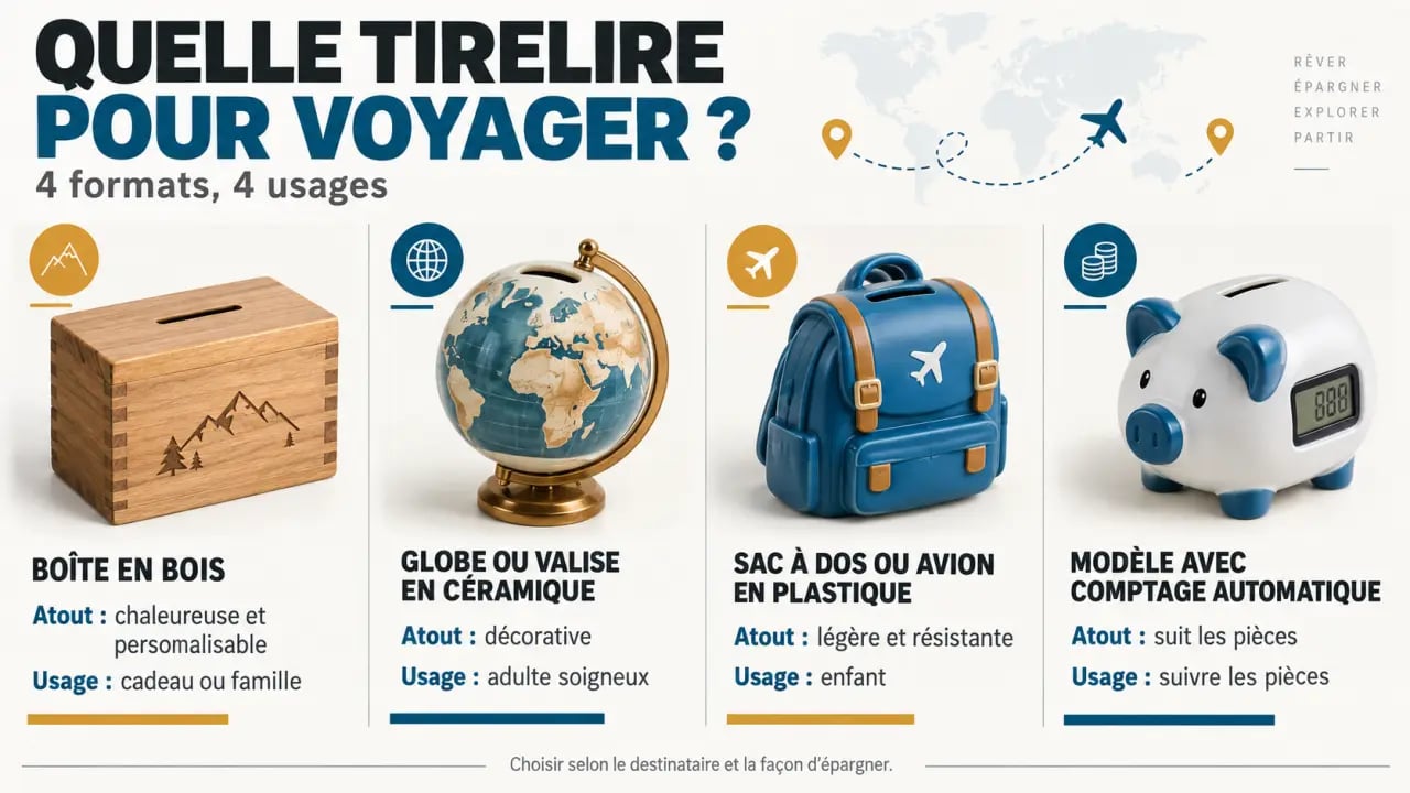 Infographie des types de tirelire pour voyage selon le matériau, la forme et l'usage