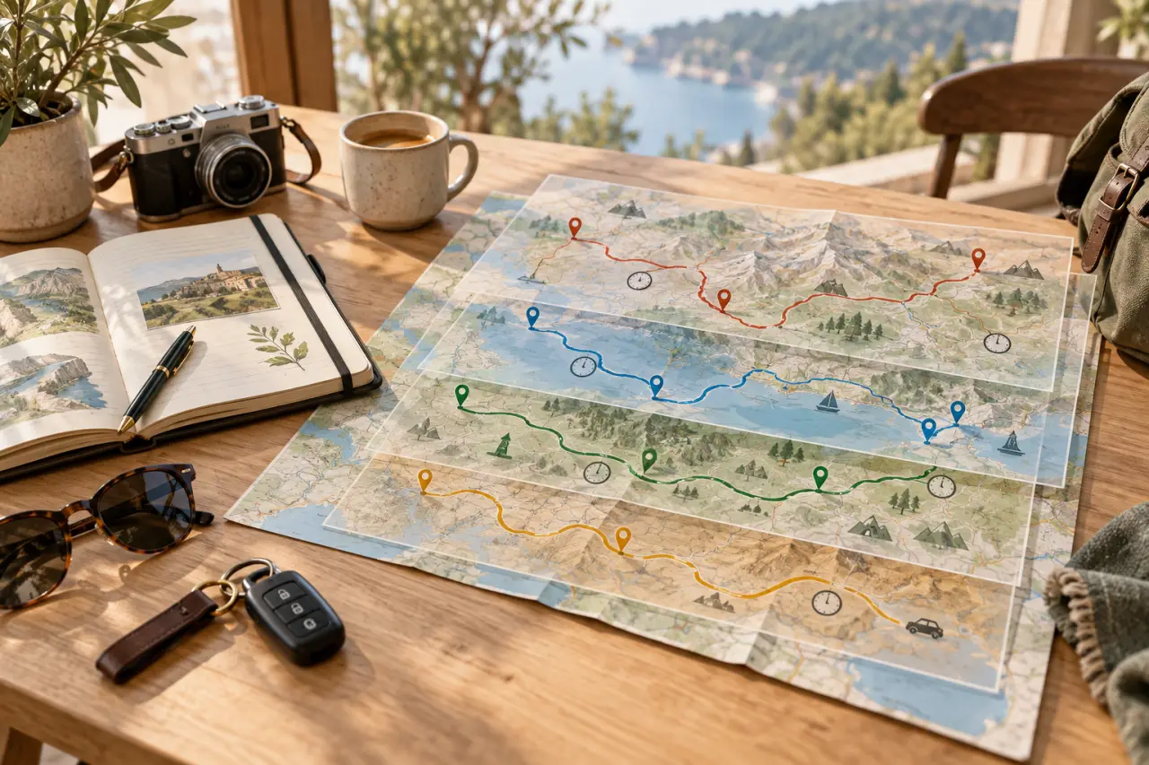 Une carte road trip en 4 calques pour mieux gérer les étapes et les temps de route