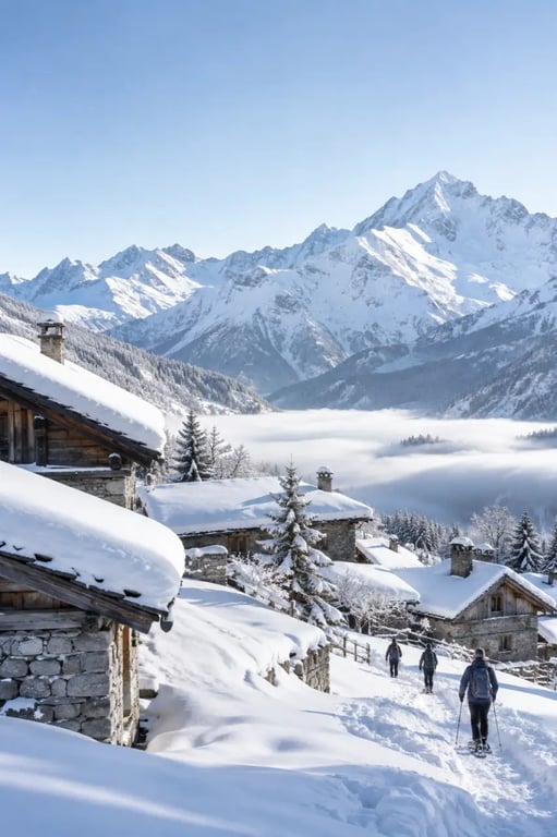 France en hiver dans un village enneigé des Alpes
