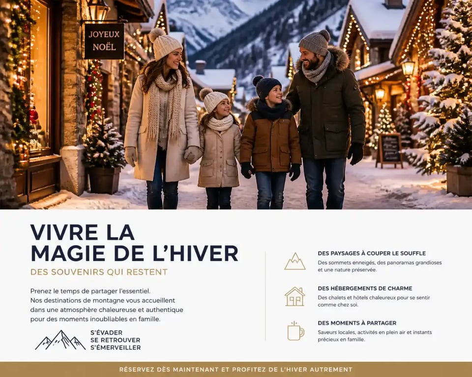 Vacances en famille pour Noël à la montagne dans un village enneigé