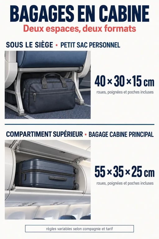 Infographie sur la taille d’un sac cabine avion avec petit sac sous siège et bagage cabine principal