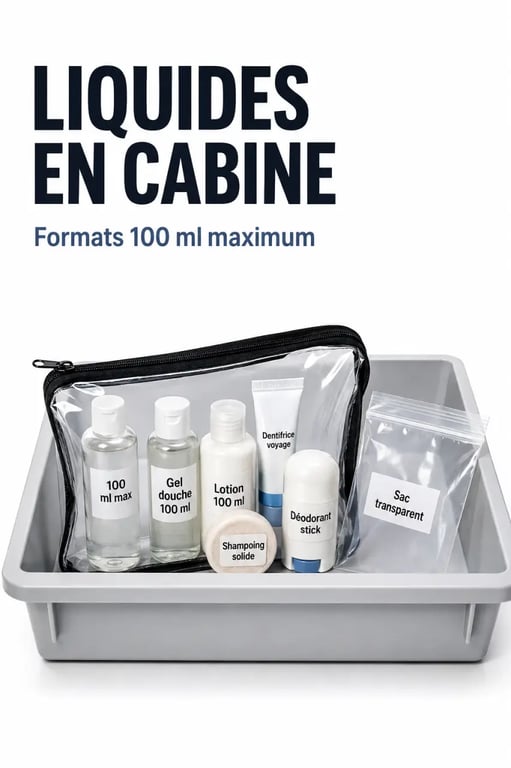 Avion trousse de toilette en cabine avec flacons 100 ml dans une trousse transparente