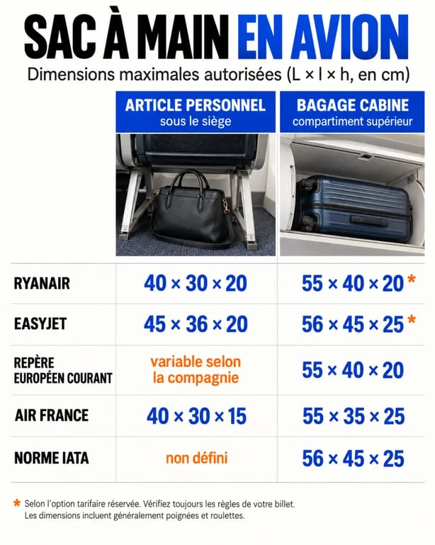 Sac à main dans avion : infographie des dimensions autorisées selon les compagnies