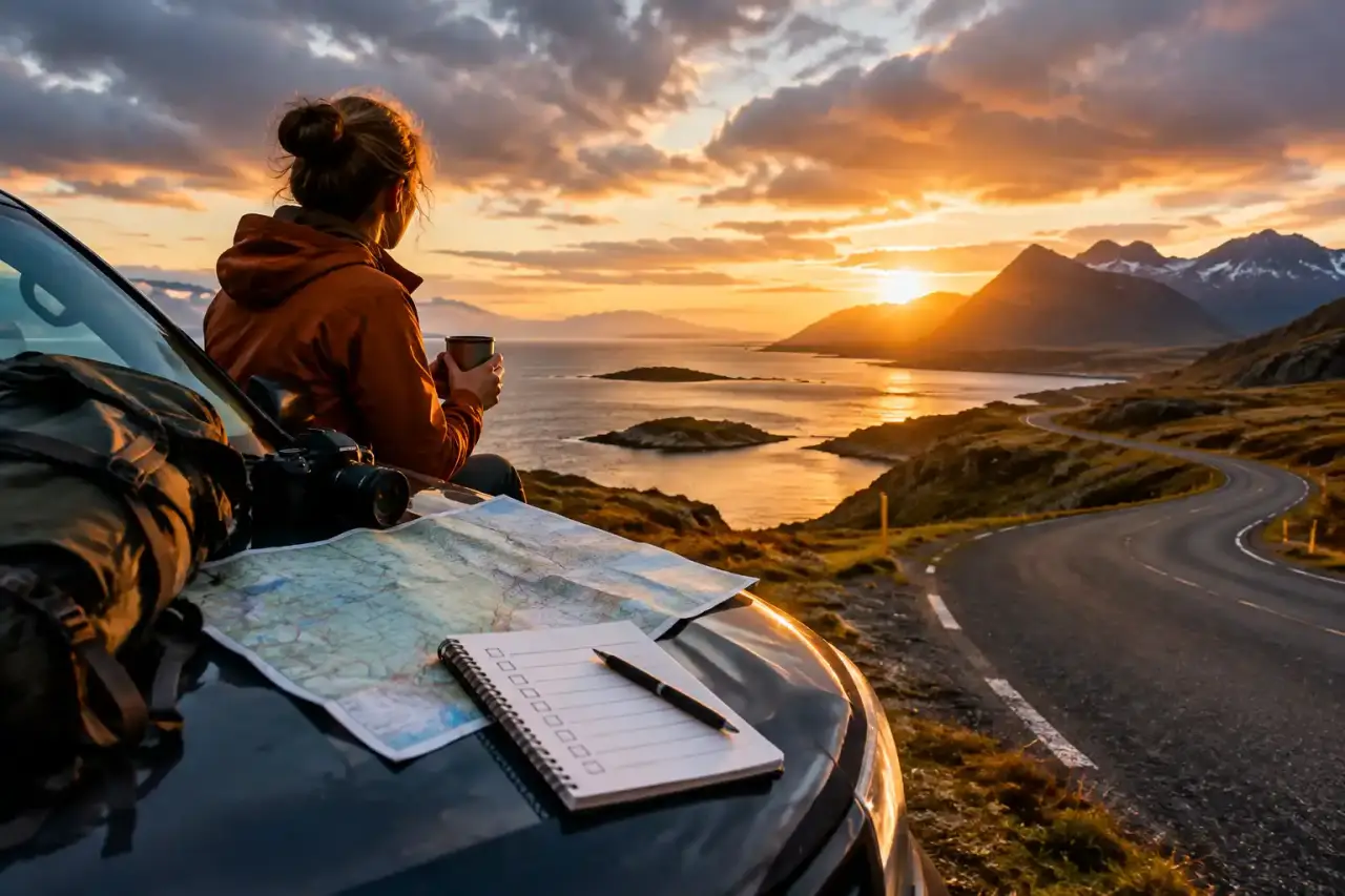 Une route sinueuse s'élevant vers des sommets brumeux, symbolisant le départ imminent en road trip autonome