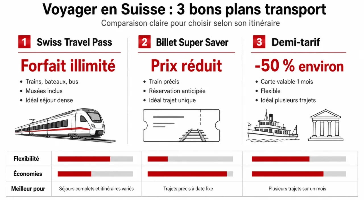 Bon plan voyage Suisse : comparaison des passes de transport entre Swiss Travel Pass, Super Saver et demi-tarif