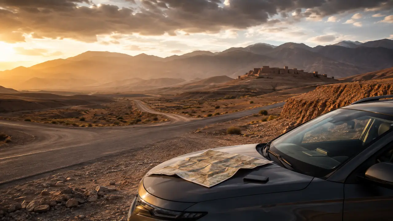 Route de montagne au Maroc, lumière dorée et paysage cinématographique pour un roadtrip