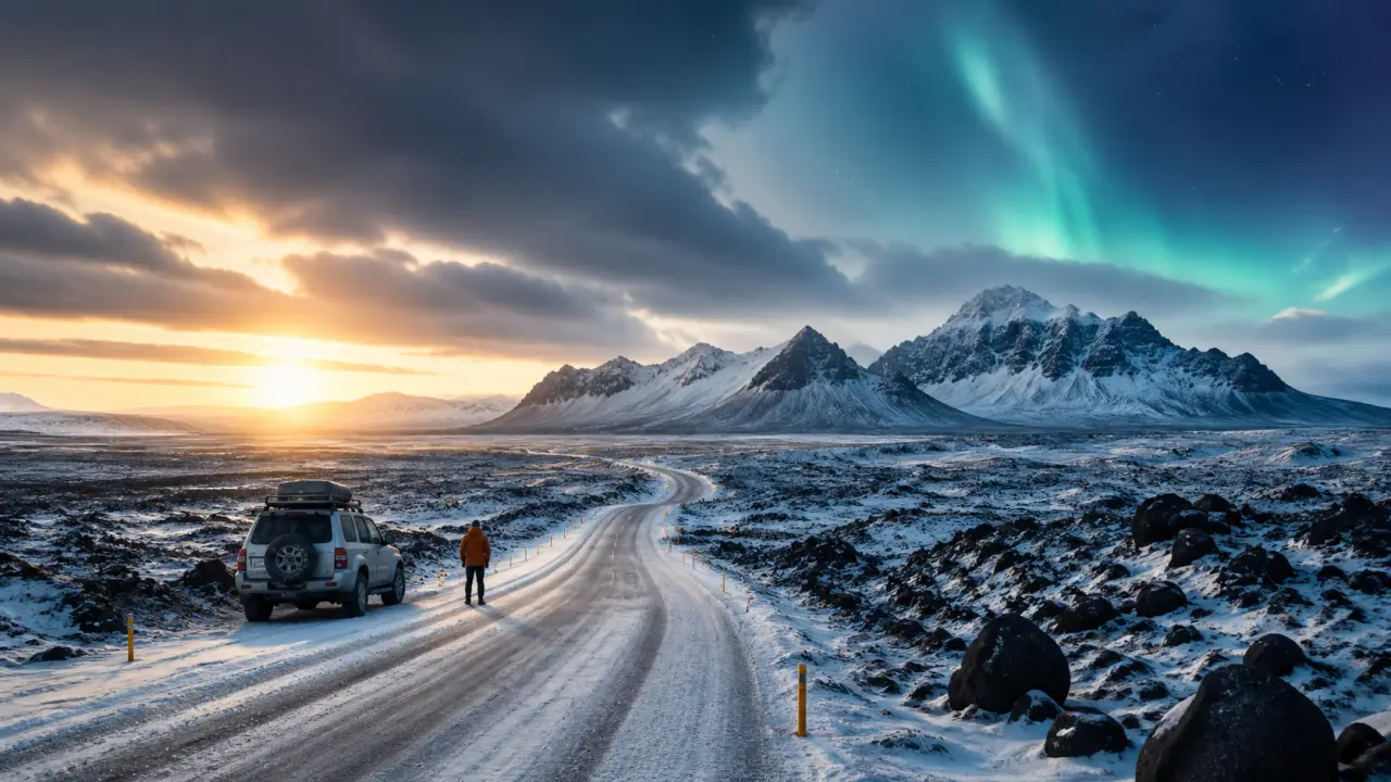 Paysage hivernal en Islande avec lumière rasante et atmosphère cinématographique