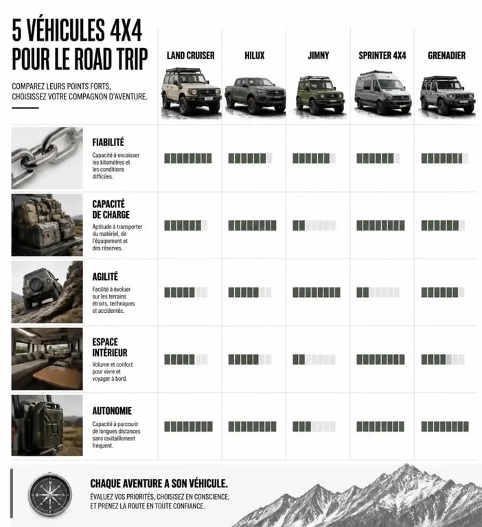 4x4 road trip : infographie comparative des modèles Land Cruiser, Hilux, Jimny, Sprinter 4x4 et Grenadier