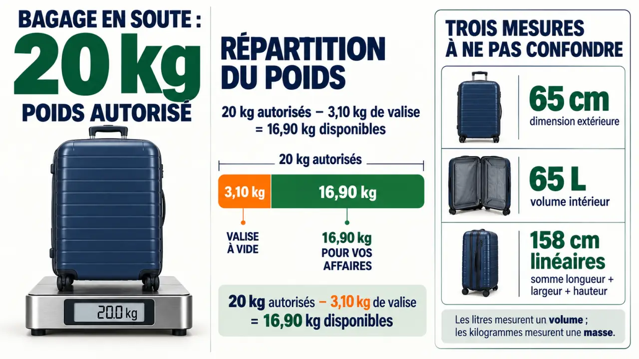 Infographie sur un 20kg bagage : poids de la valise, contenu disponible, volume et dimensions