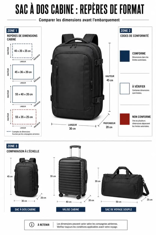 Sac à dos cabine avion comparé aux dimensions cabine et aux formats bagage
