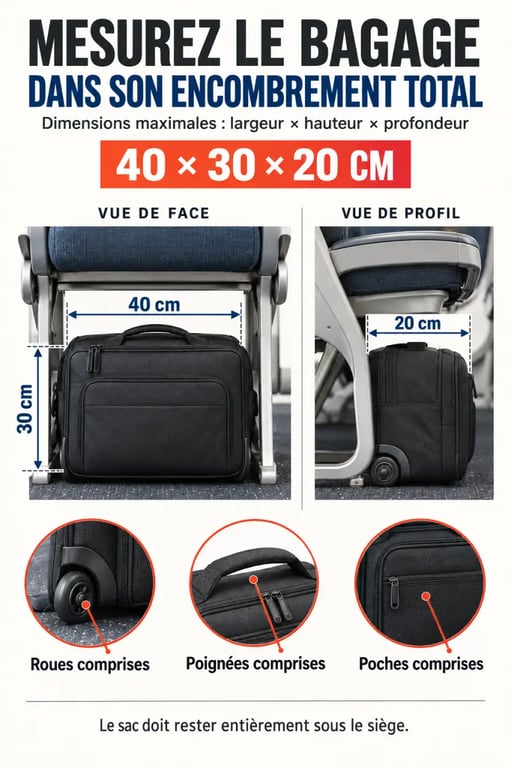 Infographie d’un bagage 40 30 20 cm placé sous le siège d’un avion