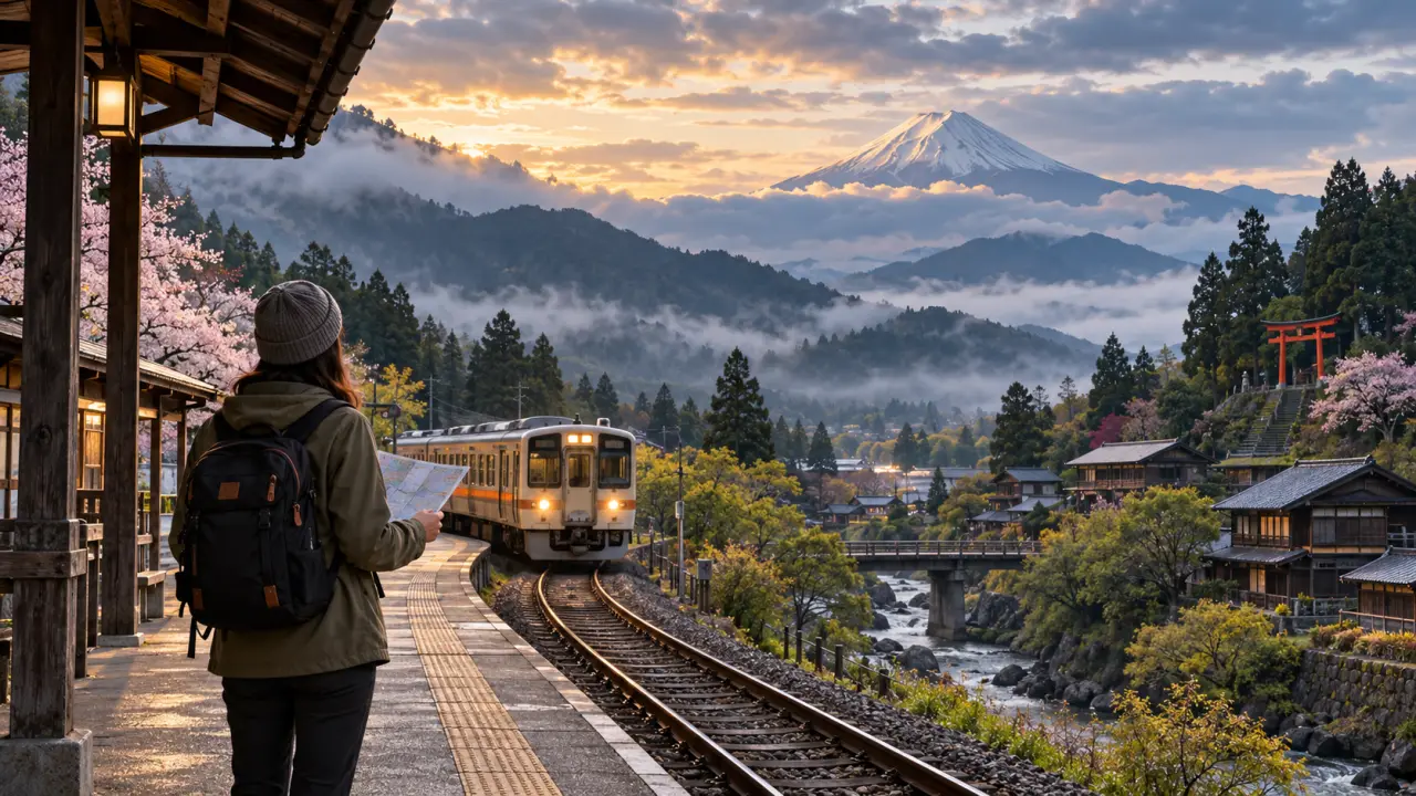 Rue traditionnelle japonaise au coucher du soleil, entre Kyoto et Tokyo