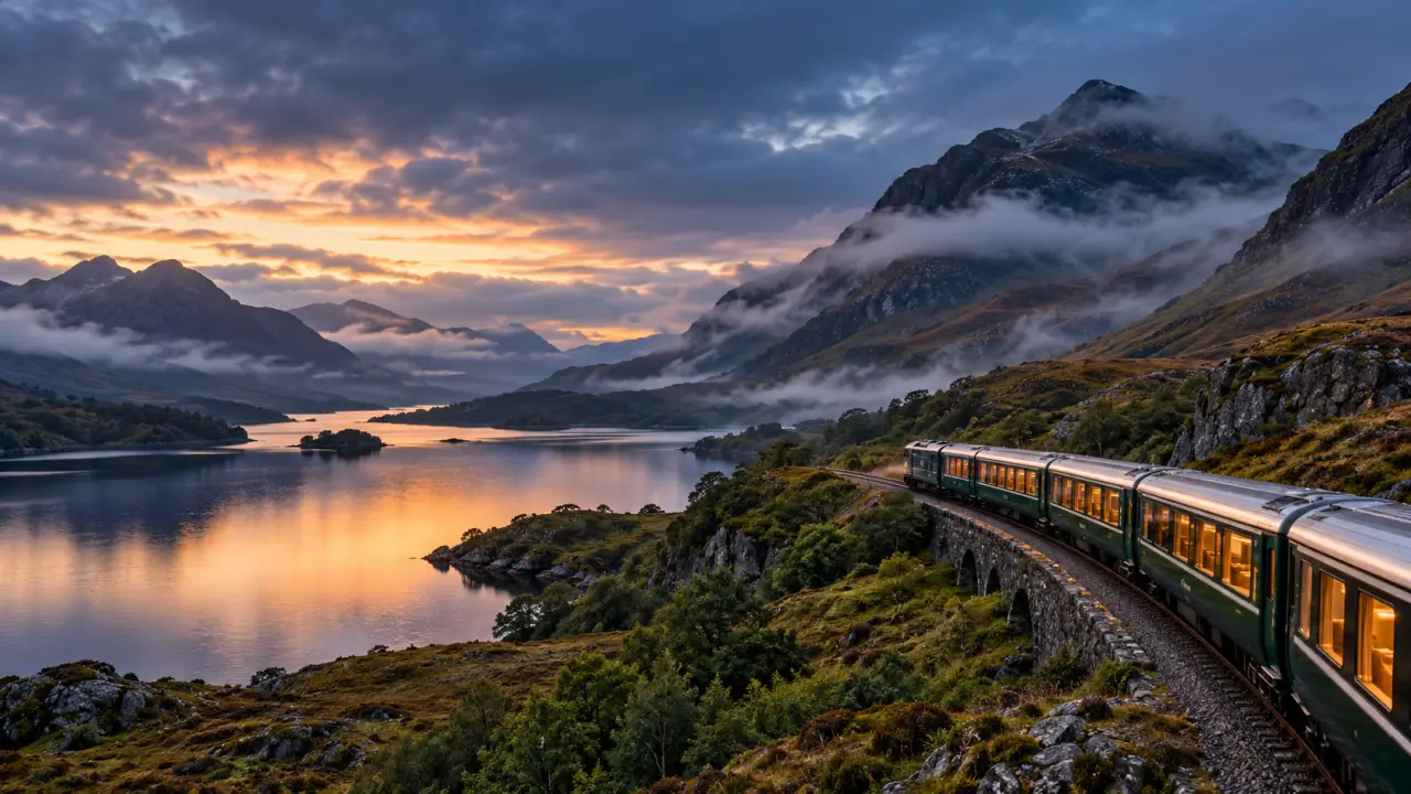 Voyageuse observant un paysage de montagne depuis la fenêtre d’un train