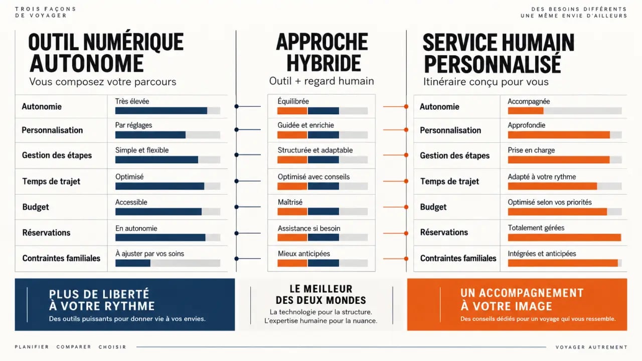 Travel planner : comparaison entre outil numérique, service humain et approche hybride