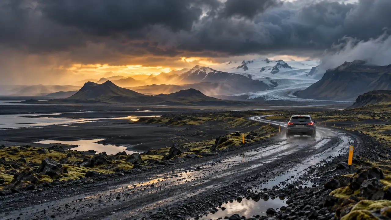 Route isolée dans un paysage volcanique d'Islande sous un ciel dramatique