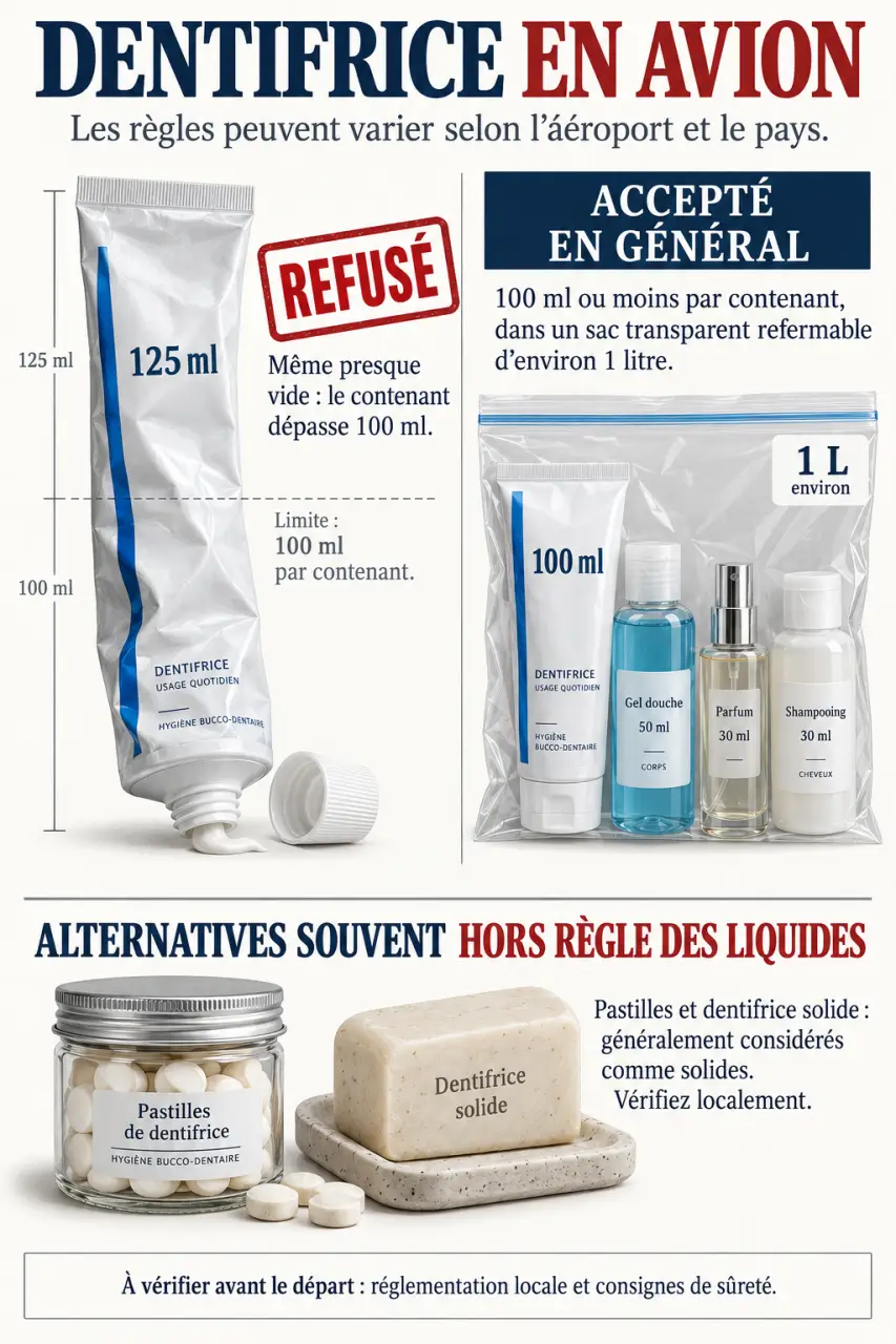 Infographie avion dentifrice en cabine : tube de 100 ml, sac transparent d’un litre et alternatives solides