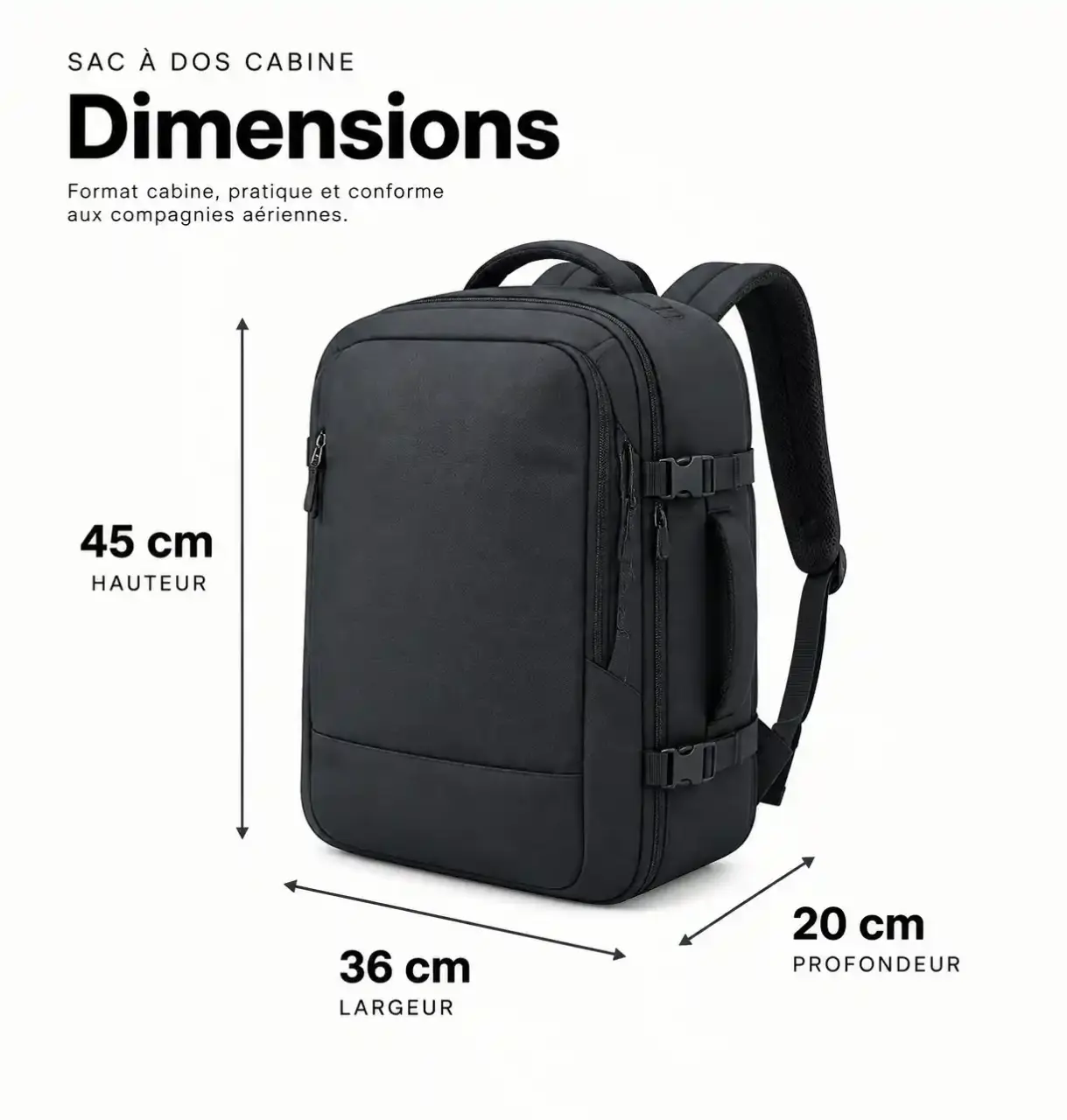 Schéma des dimensions d'un sac 45x36x20 : hauteur 45 cm, largeur 36 cm, profondeur 20 cm