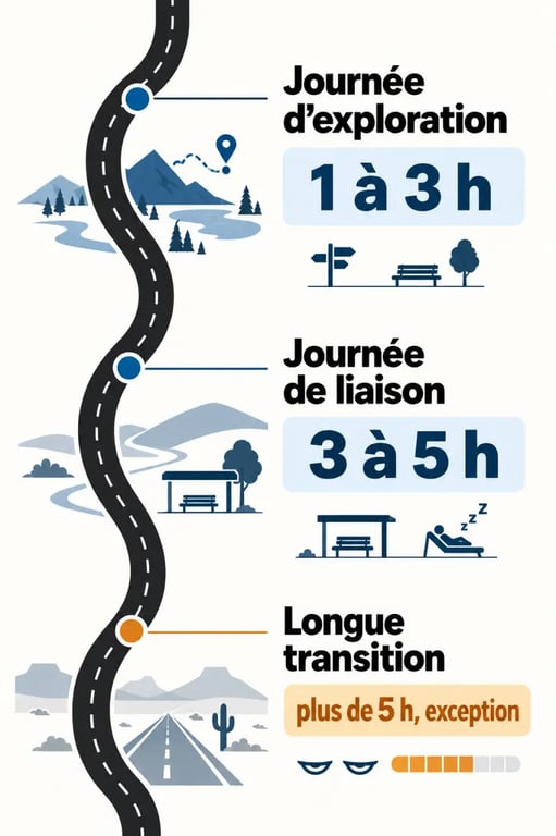 Carte road trip avec les temps de conduite recommandés selon le type de journée