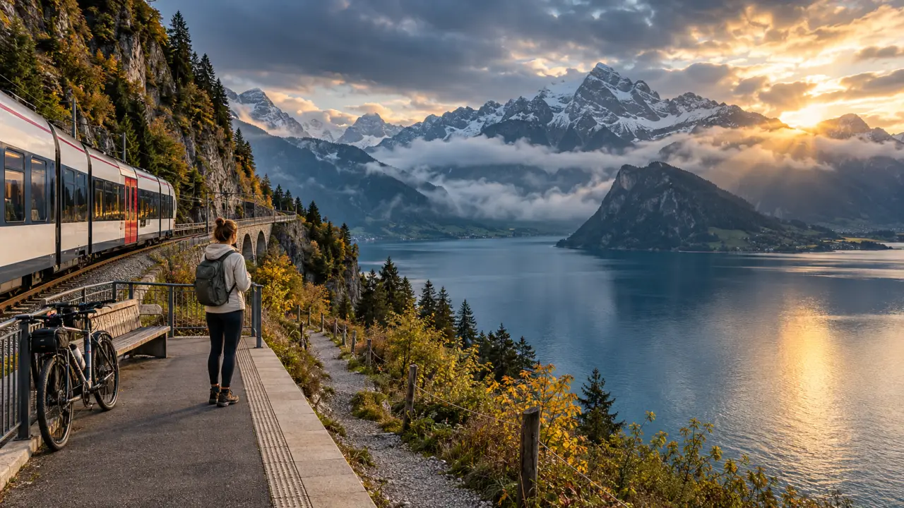 Voyageur contemplant un paysage européen depuis un itinéraire ferroviaire