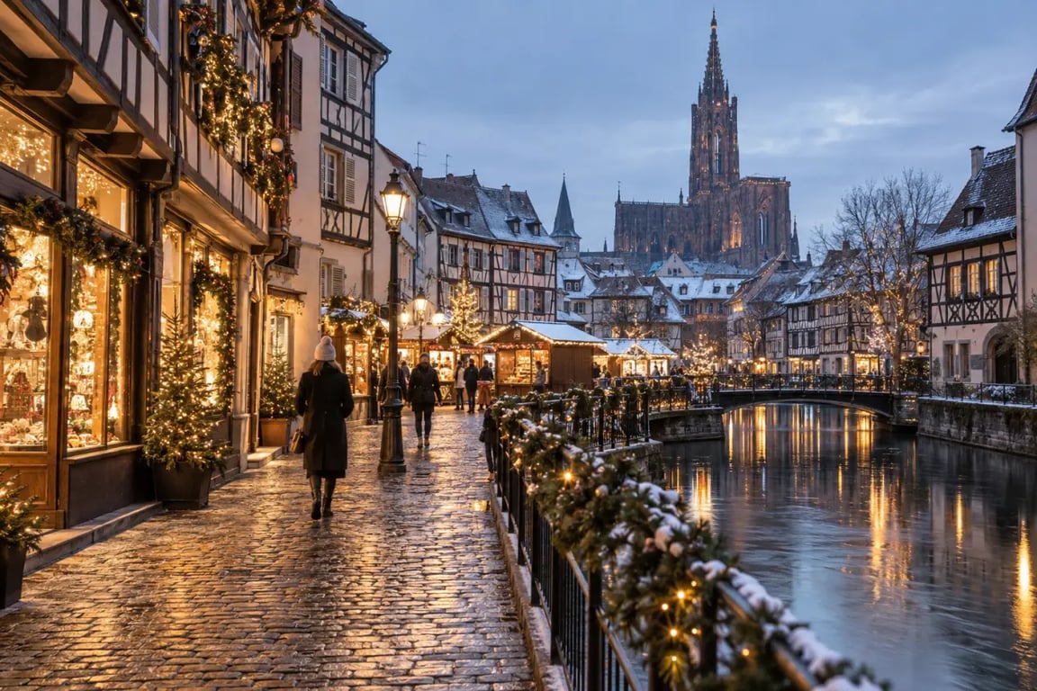 France en hiver à Strasbourg et dans un village alsacien illuminé