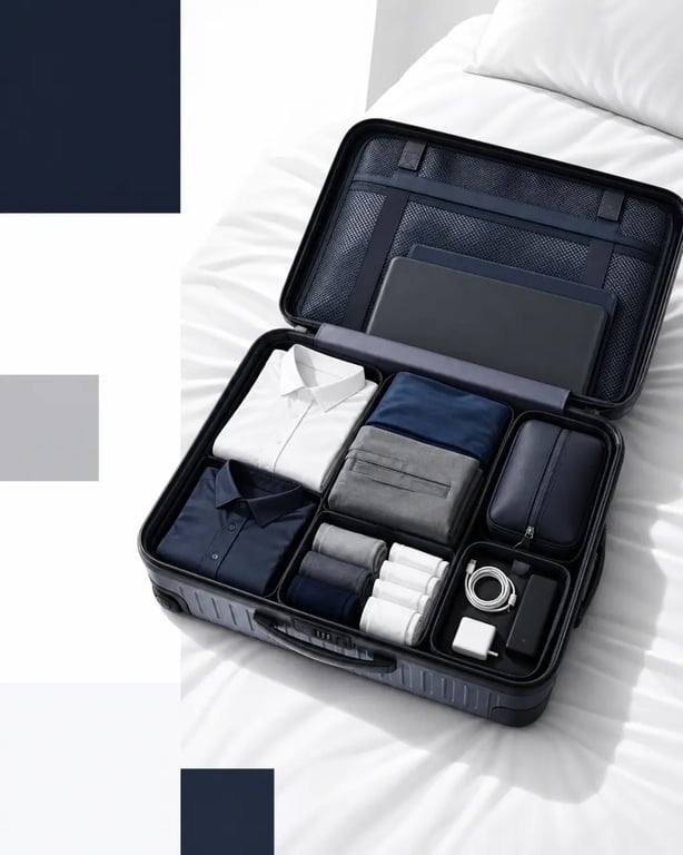 Checklist voyage illustrée avec une valise ouverte et des objets rangés par catégories