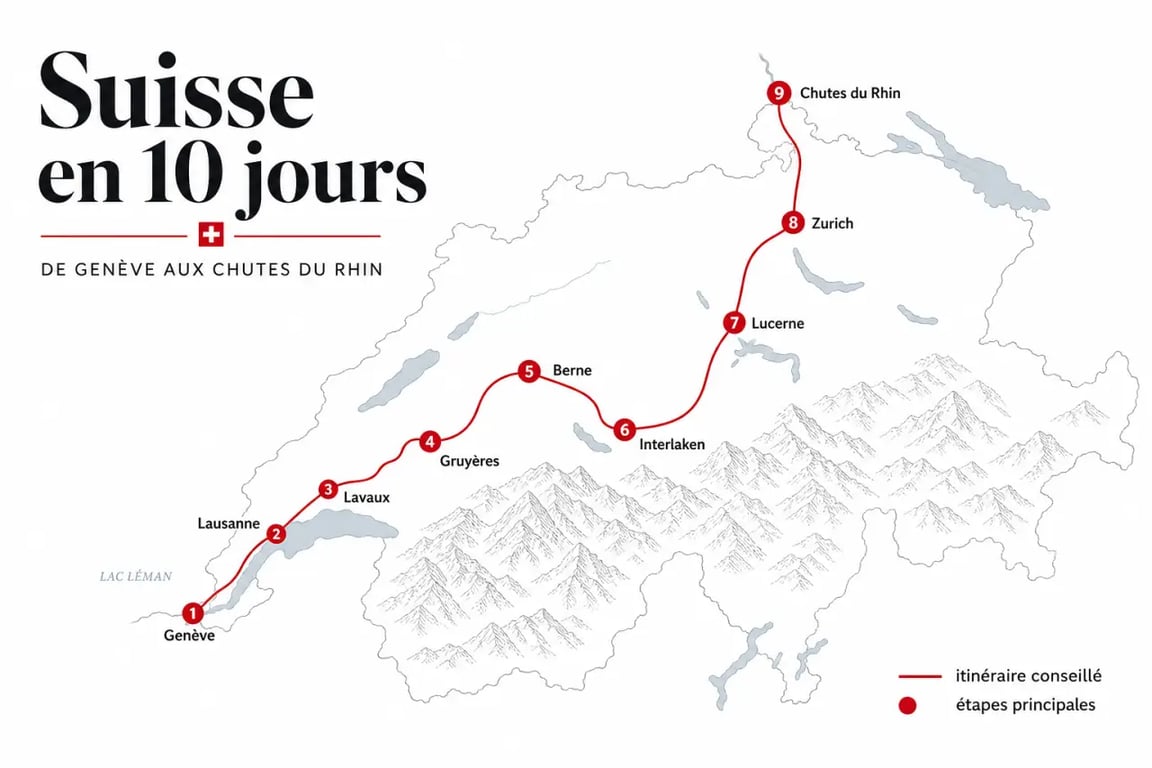 Voyage en suisse itinéraire de 10 jours sur carte éditoriale avec Genève, Lausanne, Lavaux, Berne, Interlaken, Lucerne, Zurich et les chutes du Rhin
