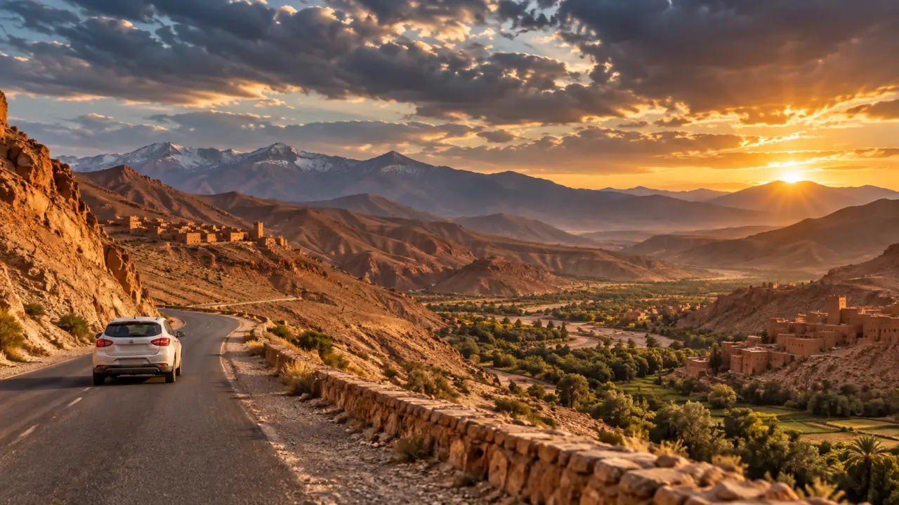 Route traversant les paysages montagneux du Maroc au lever du jour
