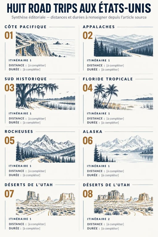 Infographie des meilleurs road trip states aux États-Unis avec distances, durées et paysages
