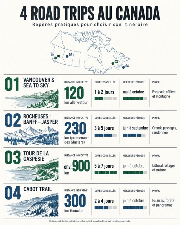 Infographie des itinéraires de road trip Canada selon la durée, la saison et le profil de voyageur