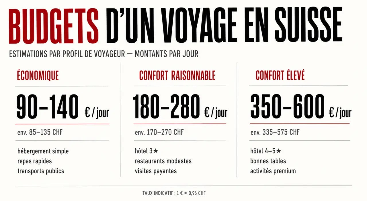 Combien coute un voyage en Suisse : budgets journaliers selon le niveau de confort