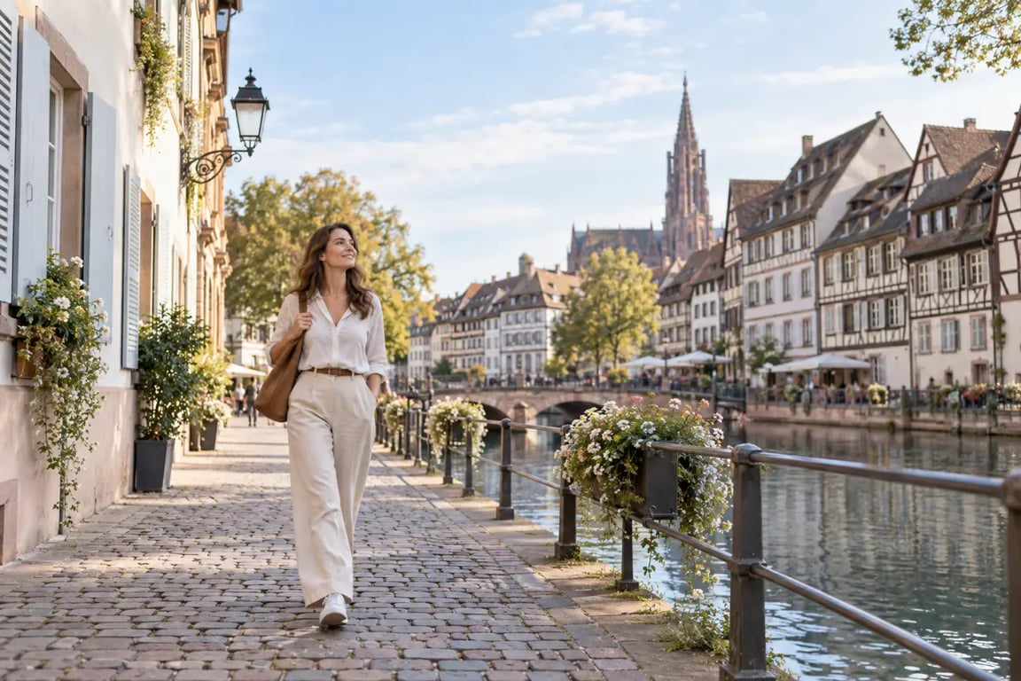 Où partir seule en France : voyageuse découvrant Strasbourg à pied