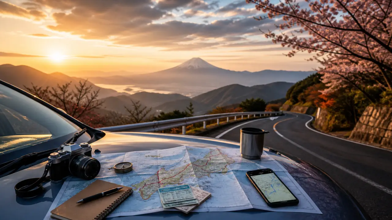 Paysage cinématographique pour un roadtrip au Japon, entre montagnes et lumière du matin