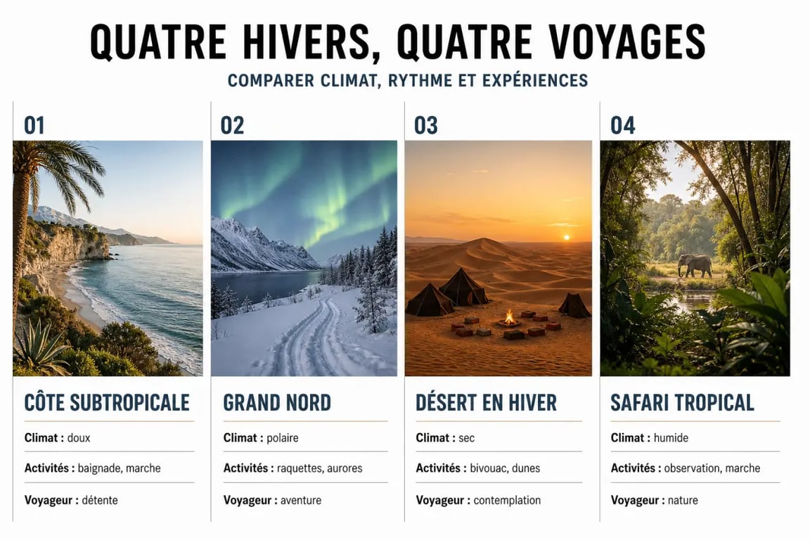 Comparatif visuel des options de destination hiver entre soleil, neige, désert et safari